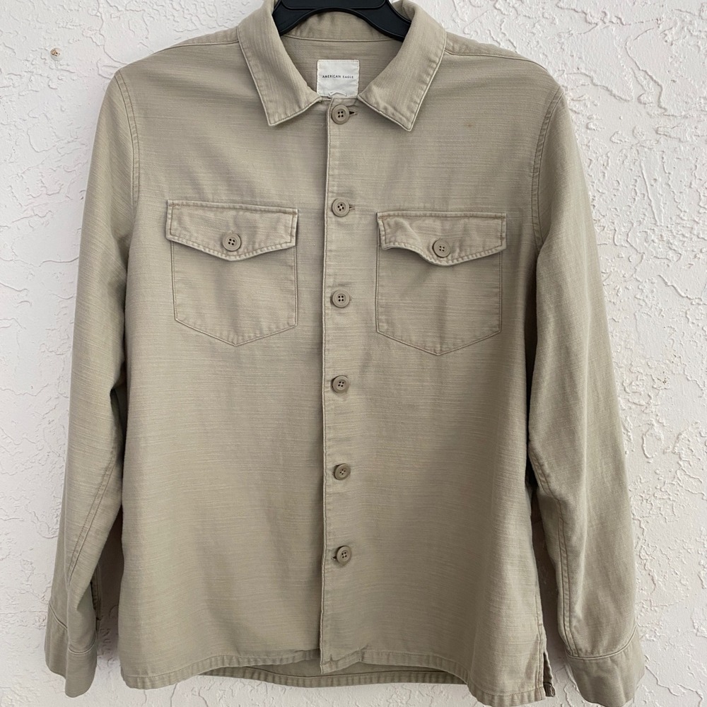 American Eagle Utility‎ Shirt Women Large Tan Button Up Long Sleeve Workwear